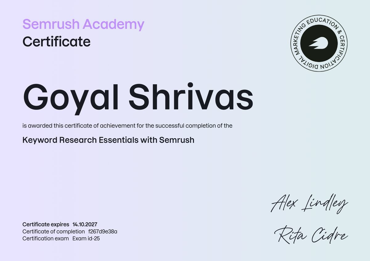 Semrush Academy Keyword Research Essentials certificate awarded to Goyal Shrivas