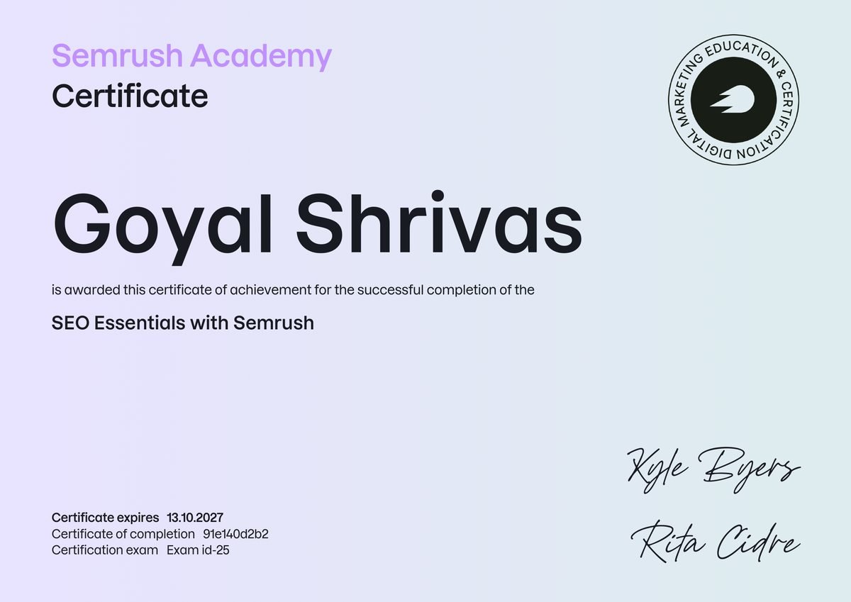 Semrush Academy SEO Essentials certificate awarded to Goyal Shrivas